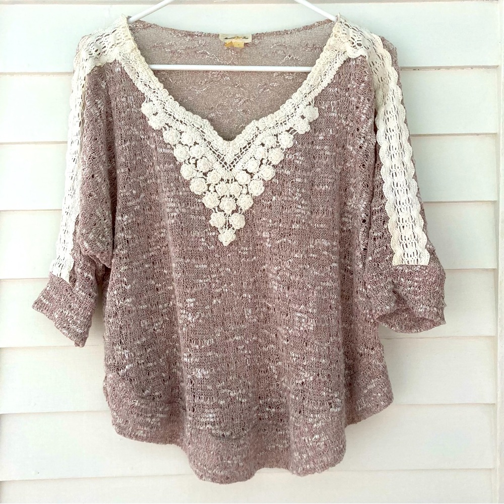 Anthropologie | Meadow Rue Taupe and Cream Lace Detail Sweater Size Small - Picture 1 of 11